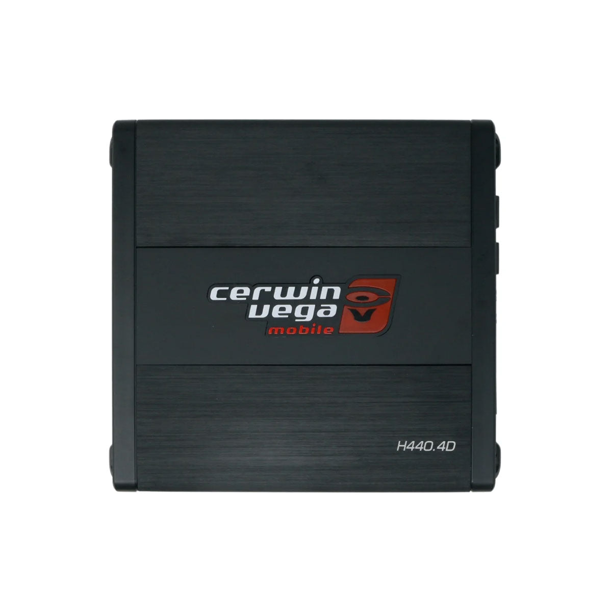 The Black Cerwin-Vega HED 4 Channel 440W Class-D Digital Amplifier, model H440.4D, features a matte finish with a striking white and red logo. It employs high-efficiency Class-D technology and has various connector ports on its sides for versatile functionality.