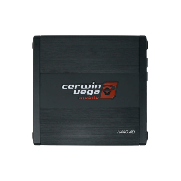 The Black Cerwin-Vega HED 4 Channel 440W Class-D Digital Amplifier, model H440.4D, features a matte finish with a striking white and red logo. It employs high-efficiency Class-D technology and has various connector ports on its sides for versatile functionality.