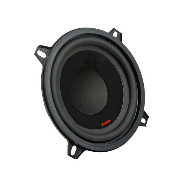 Close-up of Cerwin Vega's HED Series 5.25" 2-Way Component Speaker (H7525C) with black cone, gray outer ring, and "HED" in red. Features four mounting tabs for enhanced vehicle audio on a white background.