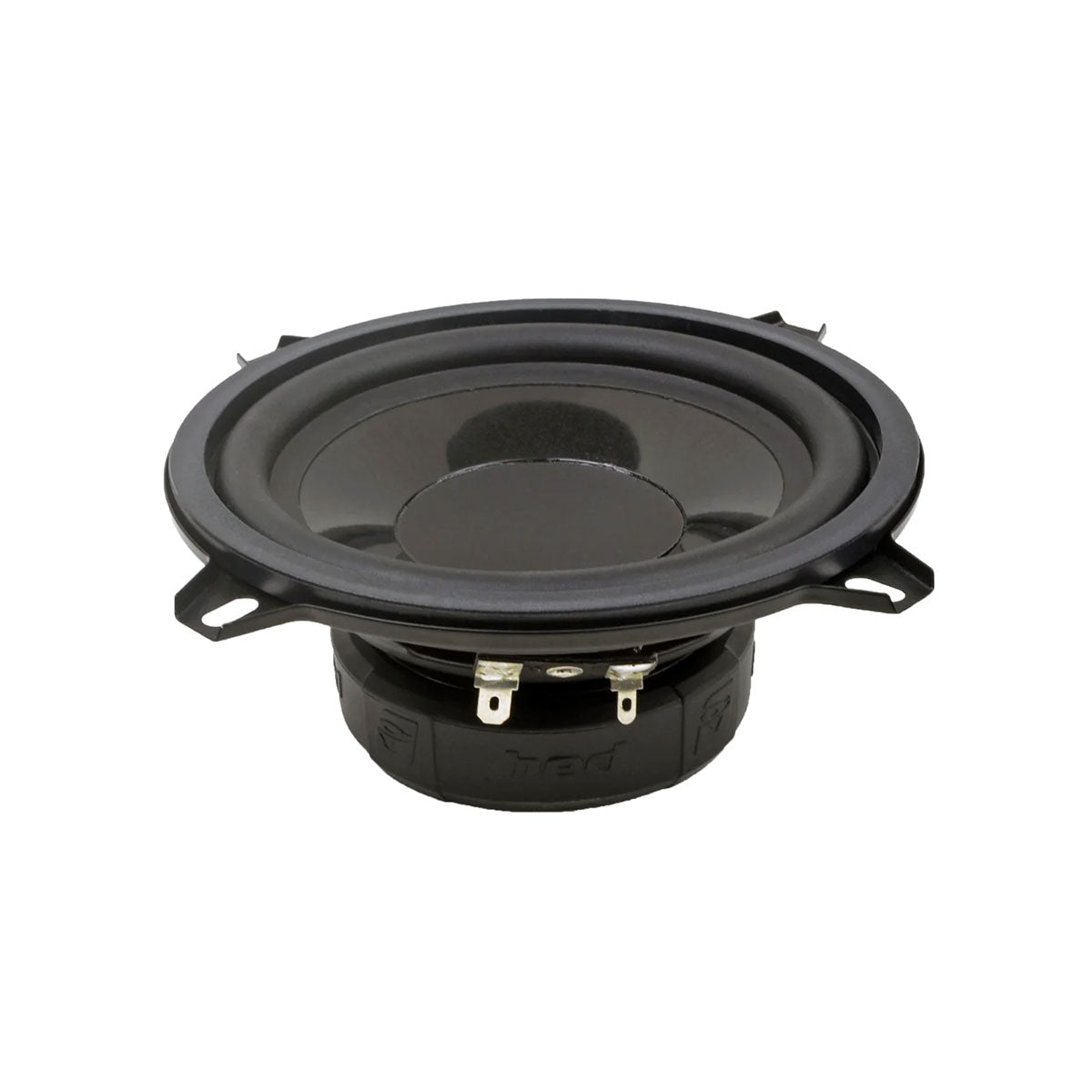 Close-up of the Cerwin Vega HED Series H7525C speakers, revealing a glossy cone with four tabs, a rubber surround, and visible metal connectors. The compact black cylindrical body with a textured ring is perfect for boosting your car's audio.