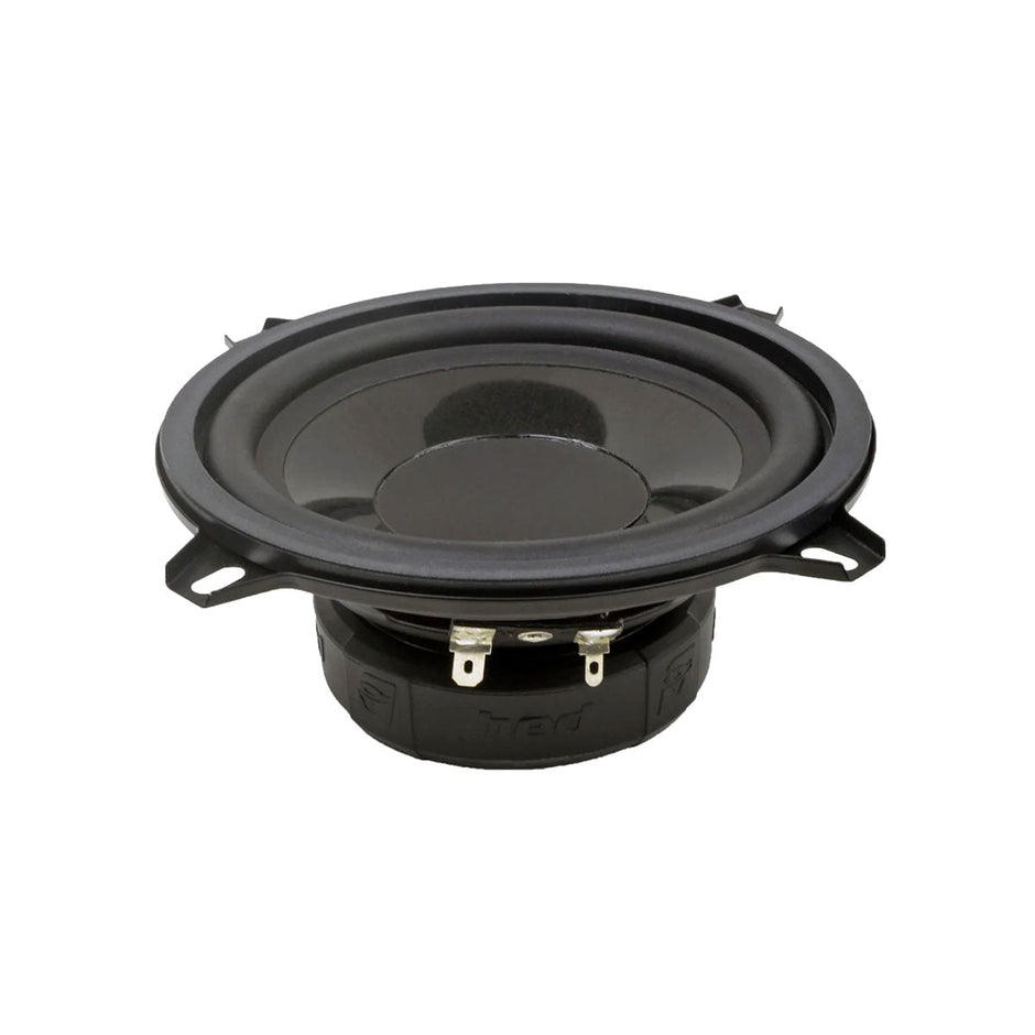 Close-up of the Cerwin Vega HED Series H7525C speakers, revealing a glossy cone with four tabs, a rubber surround, and visible metal connectors. The compact black cylindrical body with a textured ring is perfect for boosting your car's audio.