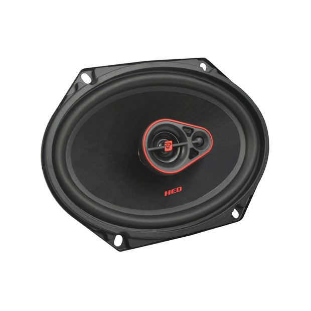 This is a close-up of the Cerwin-Vega HED Series H7683 black oval coaxial car speaker, featuring a red accent around the central tweeter. "HED" is printed in red on the cone's lower part, with four mounting holes on its metal frame edges.
