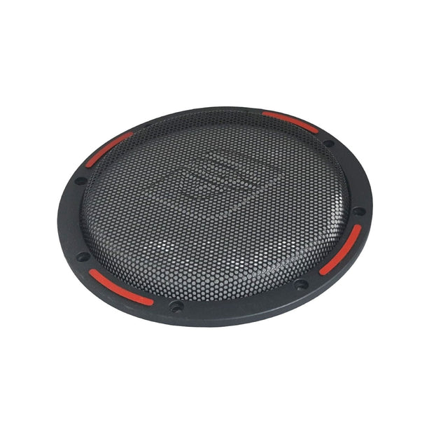 The HED Series Grill 10" Subwoofer - H710GRL showcases a round black design with a smooth outer edge, expanded metal mesh cover, four evenly spaced red accents, and a slightly domed shape for a sleek look.