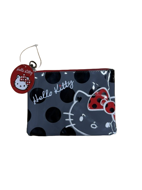 Hello Kitty Polka Dot Cosmetic Pencil Pouch with a Red Zipper Embroidered Design - 8" x 0.25" x 6"8