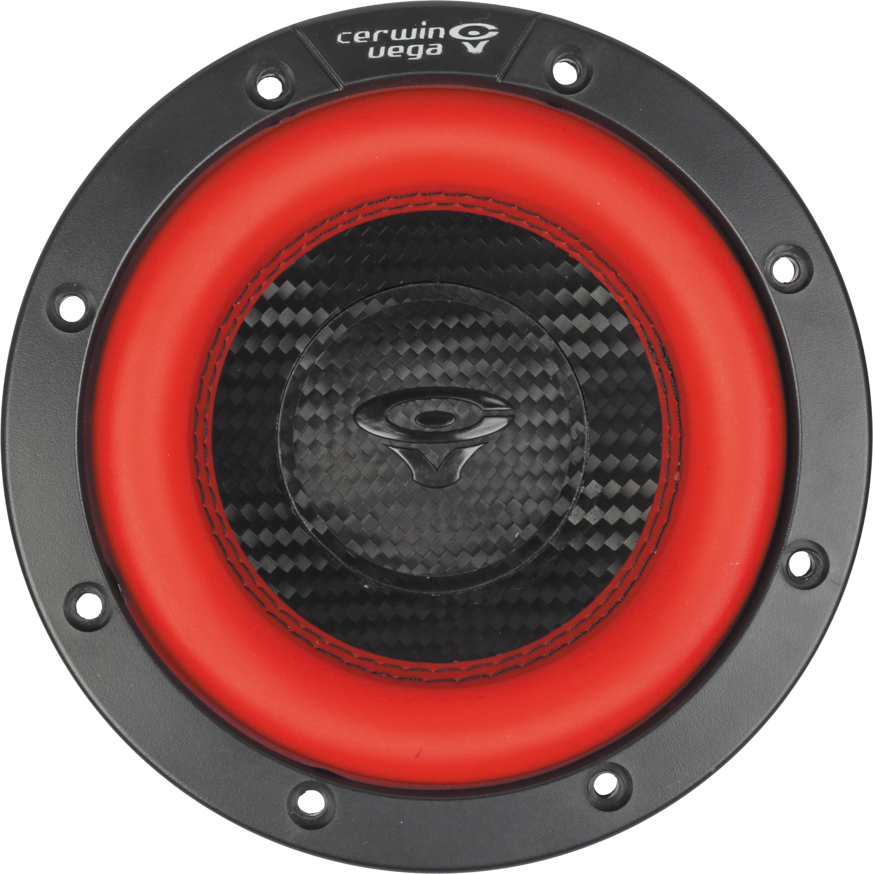 The Vega 2025 Edition Subwoofer (Model V65DV2) includes a black carbon fiber center, red metal surround, branded logo at the center, circular design with black outer ring, and six evenly spaced screw holes for mounting.