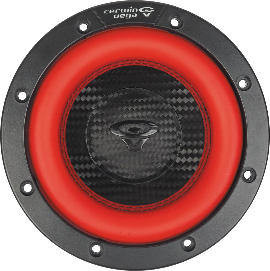 The Vega 2025 Edition Subwoofer (Model V65DV2) includes a black carbon fiber center, red metal surround, branded logo at the center, circular design with black outer ring, and six evenly spaced screw holes for mounting.