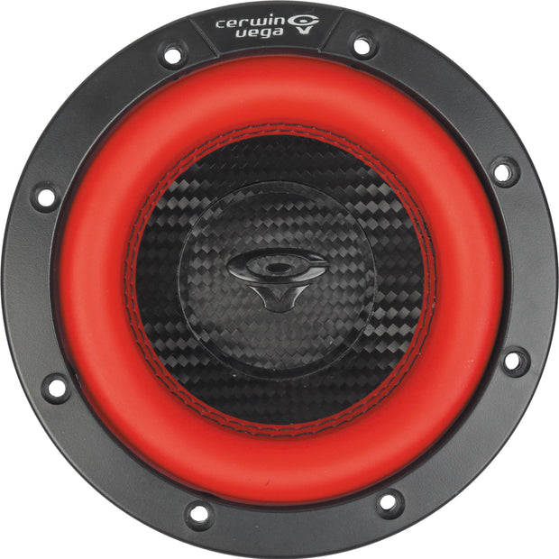 The Vega 2025 Edition Subwoofer (Model V65DV2) includes a black carbon fiber center, red metal surround, branded logo at the center, circular design with black outer ring, and six evenly spaced screw holes for mounting.