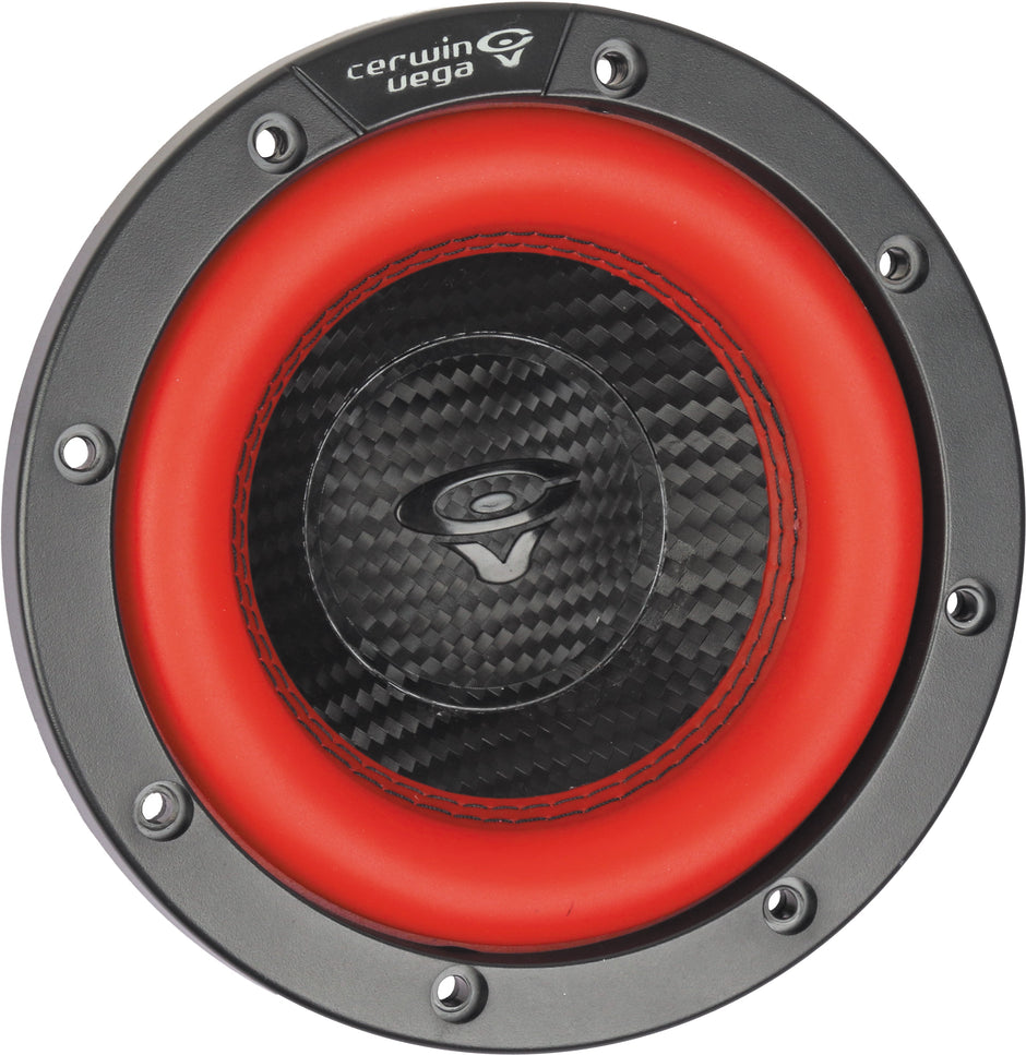 Close-up of a Vega 2025 Edition Subwoofer (V65DV2), featuring a vibrant red surround and textured black carbon fiber cone. The circular face has a gray rim with visible screws, and the Cerwin Vega logo is prominently displayed on top.