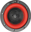 Close-up of a Vega 2025 Edition Subwoofer (V65DV2), featuring a vibrant red surround and textured black carbon fiber cone. The circular face has a gray rim with visible screws, and the Cerwin Vega logo is prominently displayed on top.
