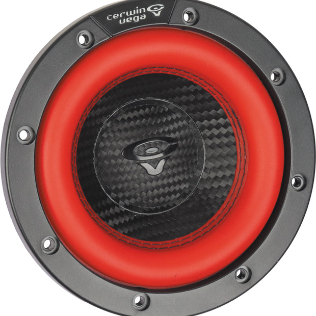 Close-up of a Vega 2025 Edition Subwoofer (V65DV2), featuring a vibrant red surround and textured black carbon fiber cone. The circular face has a gray rim with visible screws, and the Cerwin Vega logo is prominently displayed on top.