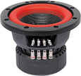 The Vega 2025 Edition Subwoofer (V65DV2) features a striking black design with a red suspension and metallic interior. It has a woven coned texture, bolt-hole upper ring, and robust black casing with silver connector terminals inscribed with 