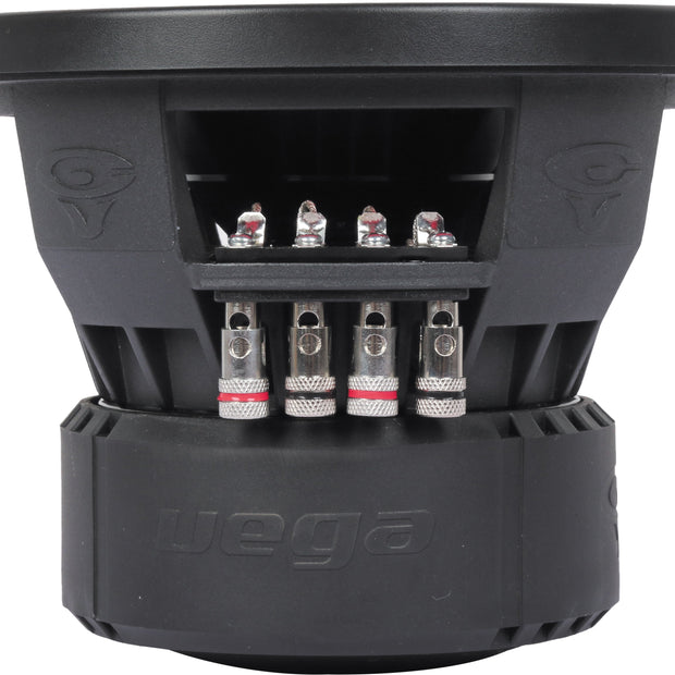 Close-up of a black Vega 2025 Edition Subwoofer showcasing its cylindrical design with a wide, flat top and detailed engravings. Four metal terminals with screws and wires are aligned in a row. The word "vega" is embossed on the lower section.