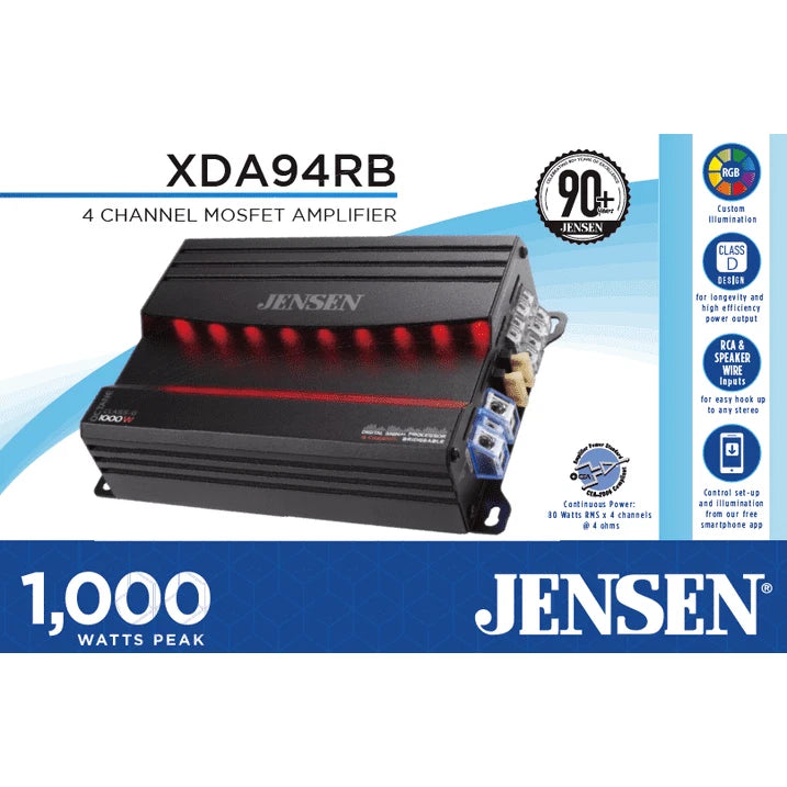 Jensen XDA94RB Class D 4 Channel Bridgeable Amplifier with 80 Watts RMS x 4 and 1000 Watts
