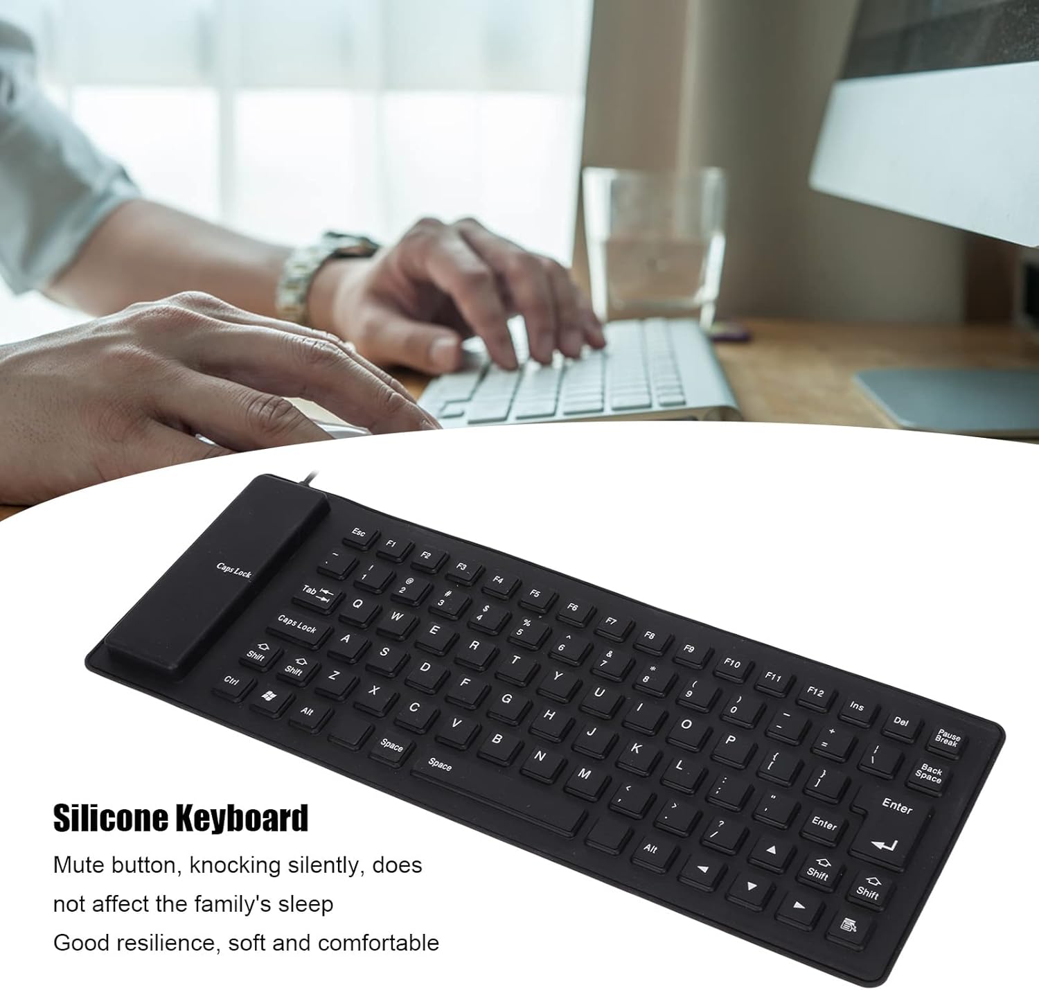 Foldable Silicone Rollup Keyboard, 85 Keys USB Wired QWERTY Flexible Slim Soft Silent Typing Travel for PC Notebook Laptop (Black)