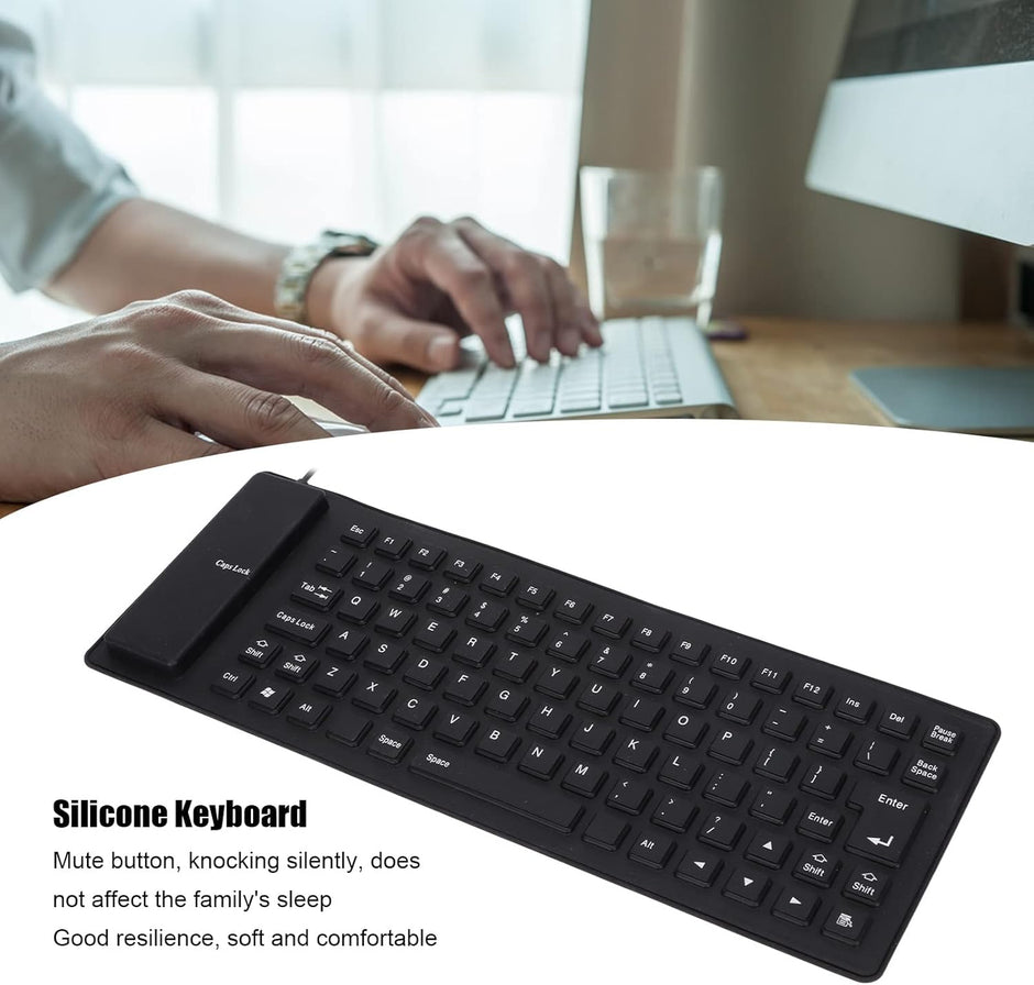 Foldable Silicone Rollup Keyboard, 85 Keys USB Wired QWERTY Flexible Slim Soft Silent Typing Travel for PC Notebook Laptop (Black)