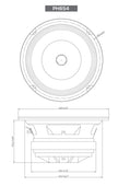 The Cerwin-Vega PH654 speaker's top view reveals a 168 mm (6.61 in) coaxial design. Side view shows 75.2 mm (2.96 in) depth and 120 mm (4.72 in) cutout diameter, promising immersive sound with exact millimeter measurements.
