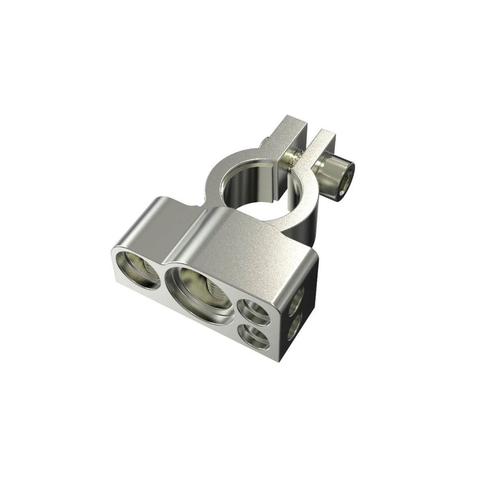 The Cerwin Vega Power Distribution Series Battery Terminal Clamp, model CBT100, in metallic silver, features a circular clamp with two elongated cylindrical openings. Its sleek polished finish is ideal for securing battery terminals or attaching parts securely in place.