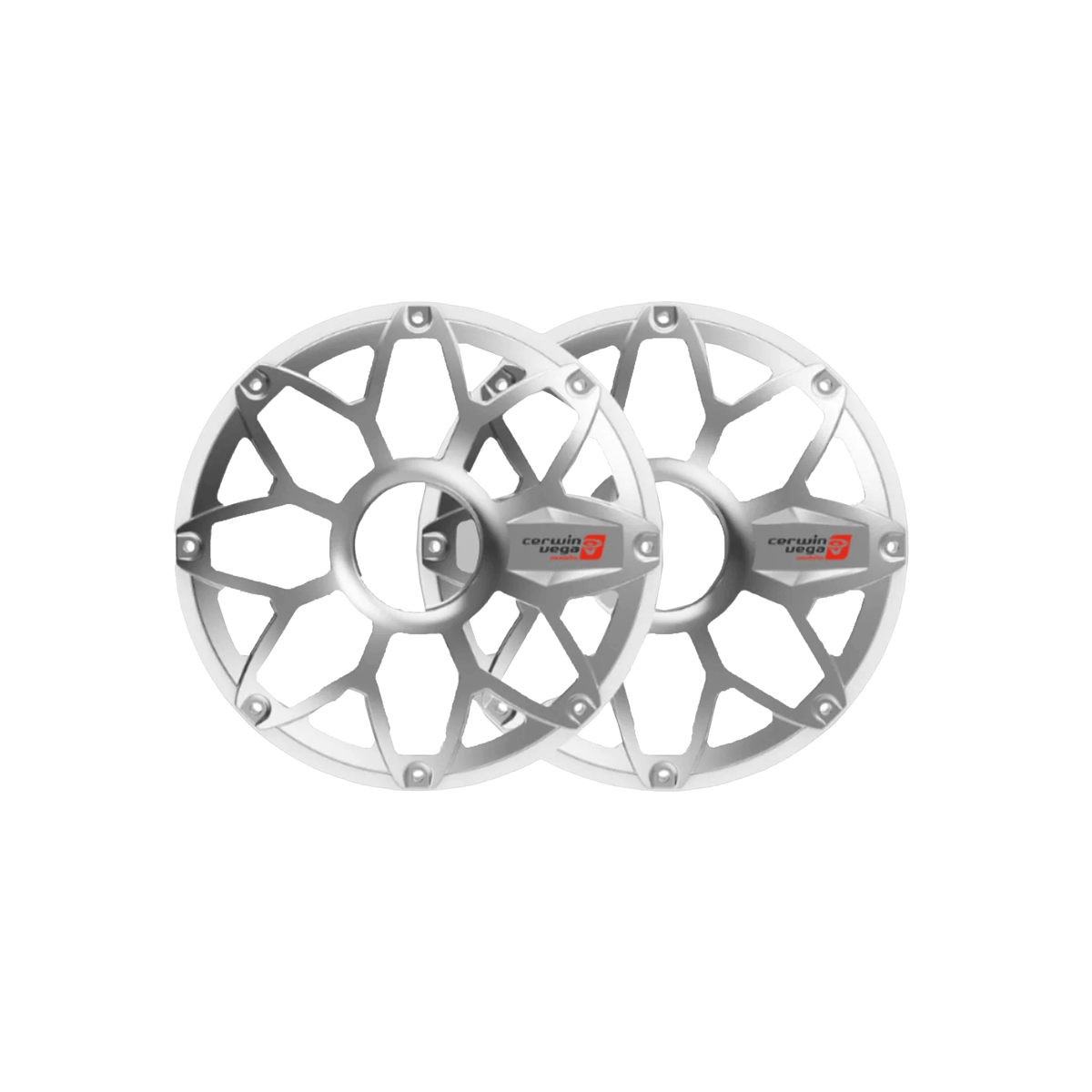 Two overlapping wheel hub caps feature a geometric, lattice-like design and display 