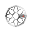 The silver, circular metal car wheel rim features a modern star-shaped design with intersecting spokes and a red and black 