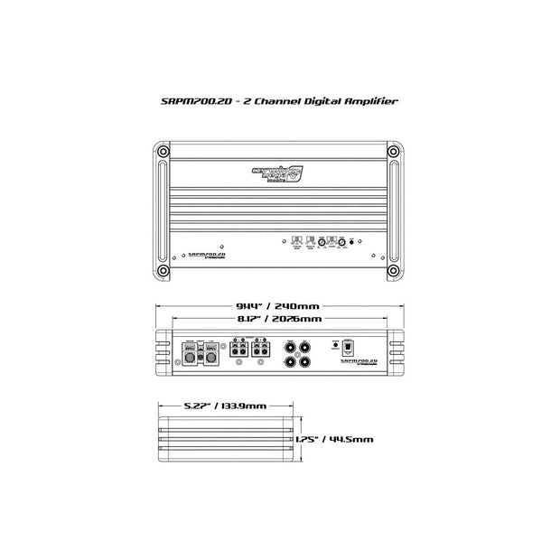 Line drawing of the SRPM Stroker 2 Channel Full Range Class-D Amplifier-SRPM700.2D, featuring a top view with the brand logo and multiple screws. The front measures 94mm by 240mm, while side and rear views showcase its sleek Class-D digital topology design.