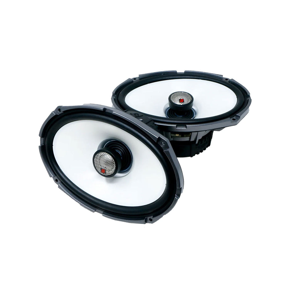 The Cerwin Vega RPM Stroker SM69F4 2-Way 6x9 Speakers feature a black and white oval design with flush-mount 1