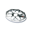 A metallic, circular car rim with a geometric, multi-spoke pattern gleams in silver, featuring the RPM STROKER logo on one spoke. It shines beside an RPM Stroker 6”X9” Flush Mount Speaker Grill against a white background.