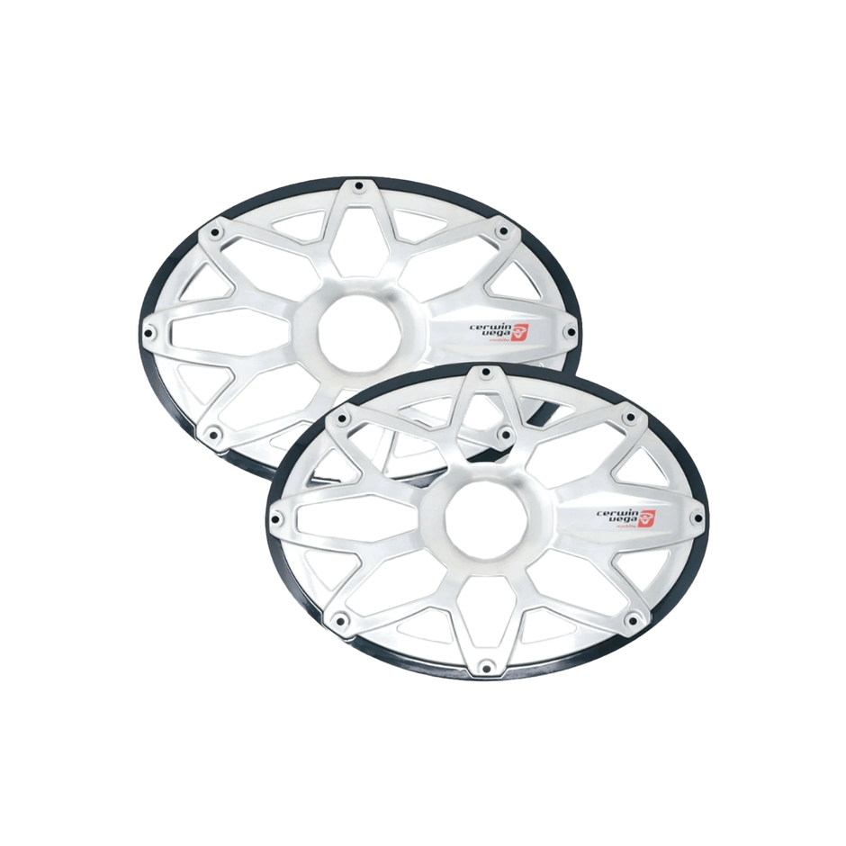 Two identical, silver-colored hubcaps with a web-like design and circular centers, reminiscent of the stylish RPM STROKER series. Each features a red and white logo with text, enhanced by a thin black border around the edges. They overlap slightly for added style.