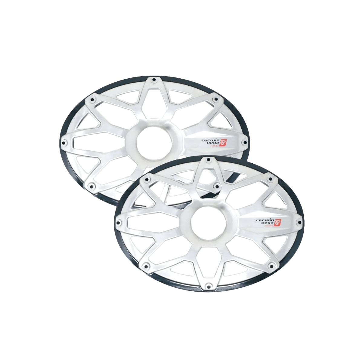 Two identical, silver-colored hubcaps with a web-like design and circular centers, reminiscent of the stylish RPM STROKER series. Each features a red and white logo with text, enhanced by a thin black border around the edges. They overlap slightly for added style.