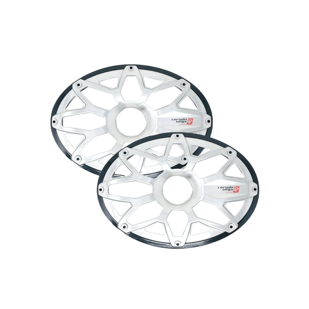 Two identical, silver-colored hubcaps with a web-like design and circular centers, reminiscent of the stylish RPM STROKER series. Each features a red and white logo with text, enhanced by a thin black border around the edges. They overlap slightly for added style.