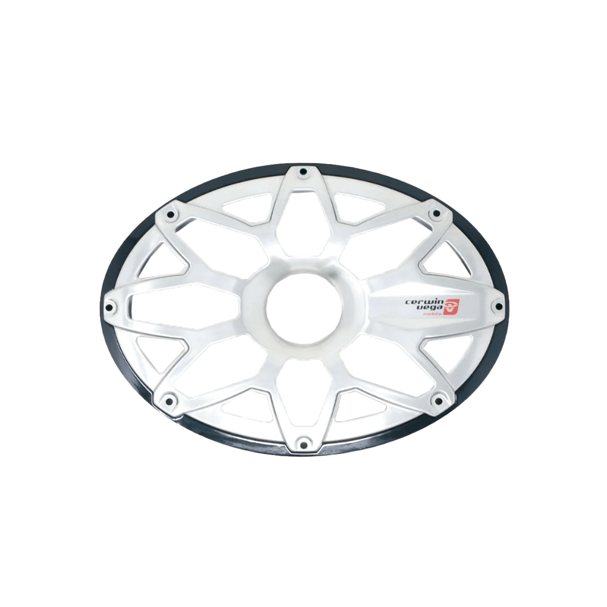 The RPM Stroker 6”X9” Flush Mount Speaker Grill (SM69FGB) features an oval metallic design with eight spokes and a black ringed edge, revealing the wheel center and including a small logo badge on one spoke against a white backdrop.