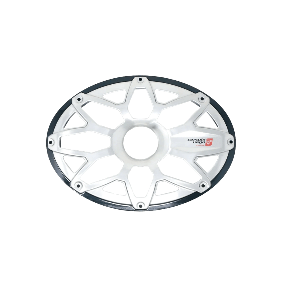 The RPM Stroker 6”X9” Flush Mount Speaker Grill (SM69FGB) features an oval metallic design with eight spokes and a black ringed edge, revealing the wheel center and including a small logo badge on one spoke against a white backdrop.