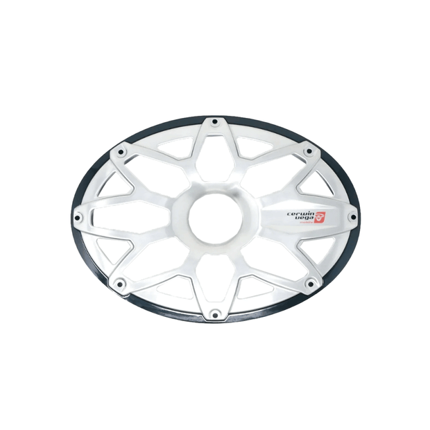 The RPM Stroker 6”X9” Flush Mount Speaker Grill (SM69FGB) features an oval metallic design with eight spokes and a black ringed edge, revealing the wheel center and including a small logo badge on one spoke against a white backdrop.