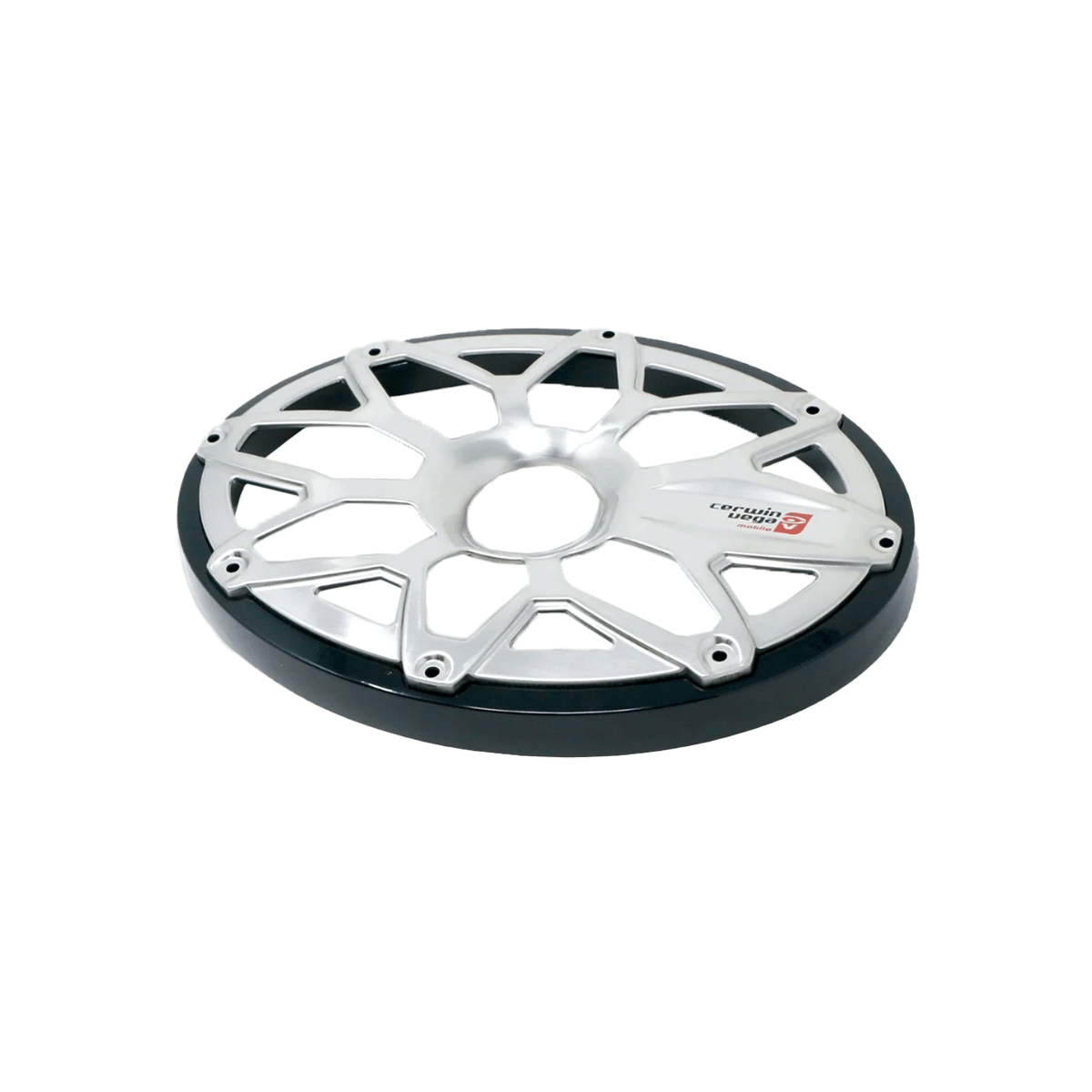 The RPM Stroker 6”X9” Flush Mount Speaker Grill, Pair (Black) - SM69FGB features a metallic, circular truss disc with a shiny silver finish, eight angular asymmetrical spokes, and black outer edges. It includes a small red and black logo on the right side with stylized text.