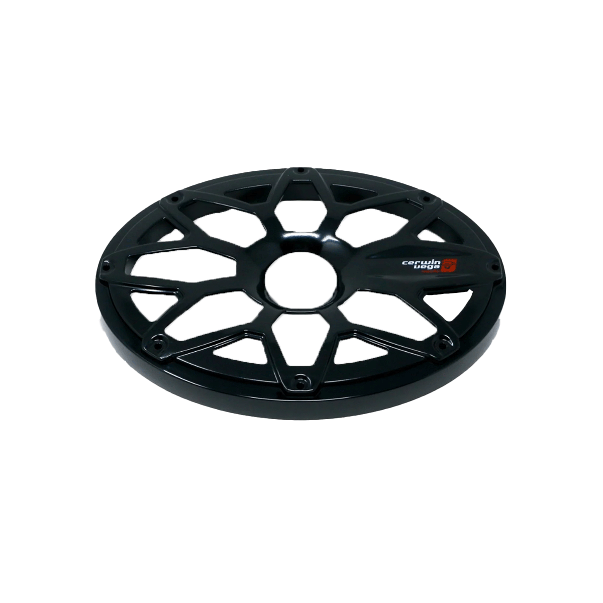 The black RPM Stroker SM69FBB features a sleek, circular design with angular cutouts, resembling a flush mount speaker grill. It includes a central hole and small red-and-white logo, designed to cover and protect the bike's chainring.