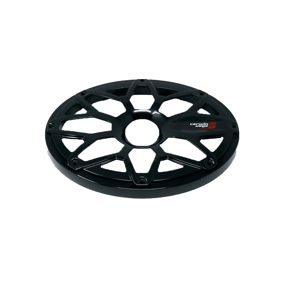 The black RPM Stroker SM69FBB features a sleek, circular design with angular cutouts, resembling a flush mount speaker grill. It includes a central hole and small red-and-white logo, designed to cover and protect the bike's chainring.