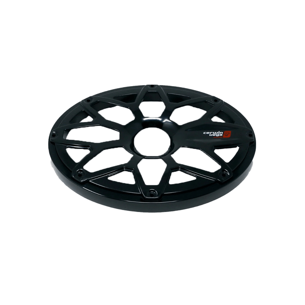 The black RPM Stroker SM69FBB features a sleek, circular design with angular cutouts, resembling a flush mount speaker grill. It includes a central hole and small red-and-white logo, designed to cover and protect the bike's chainring.