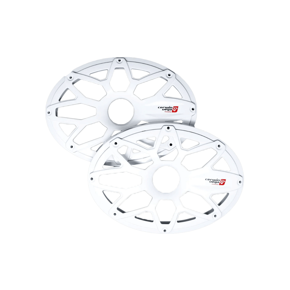A pair of sleek, white RPM Stroker 6"X9" Flush Mount Speaker Grills with a ventilated, multi-spoke design are stacked with slight overlap. Each features a small red and black "ceramicfishing" logo on the edge. Their steel with powder coating ensures durability against wear on a plain white background.