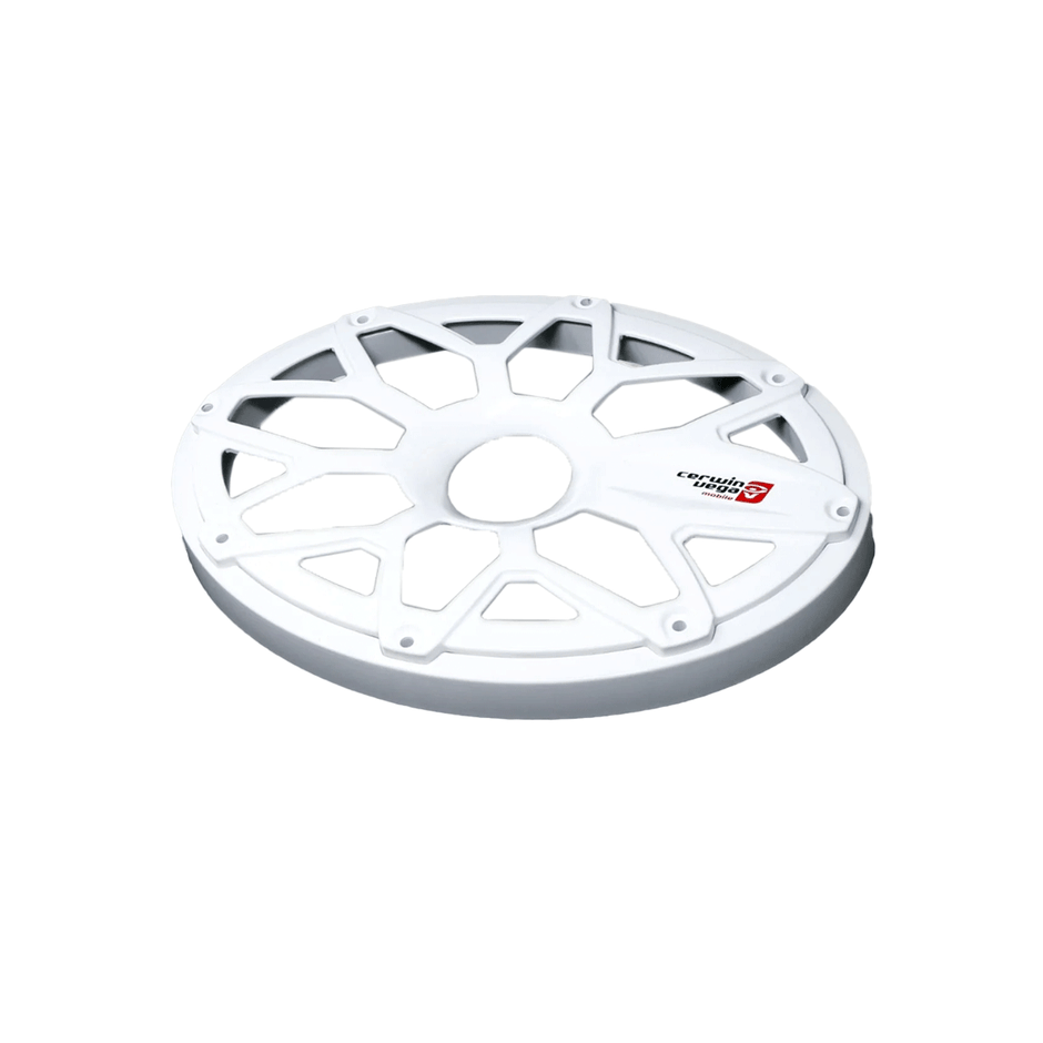 White RPM Stroker chain ring guard with geometric cutouts and a red logo on the top right, crafted from steel with powder coating. It has a round shape and bolts for attachment.