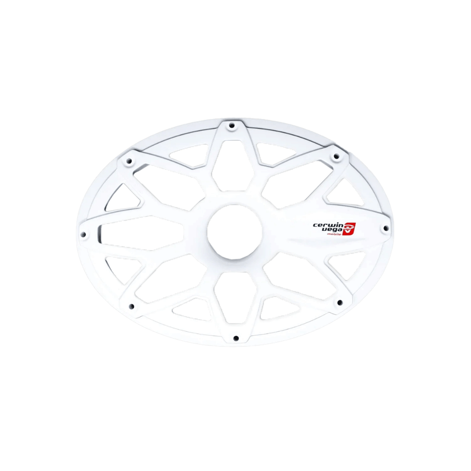 A white circular bicycle chain guard with geometric cut-outs and edge mounting points looks like an RPM Stroker 6