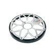 A sleek silver car wheel rim with a geometric pattern sits on a white background, echoing the intricate design of an RPM Stroker 6.5