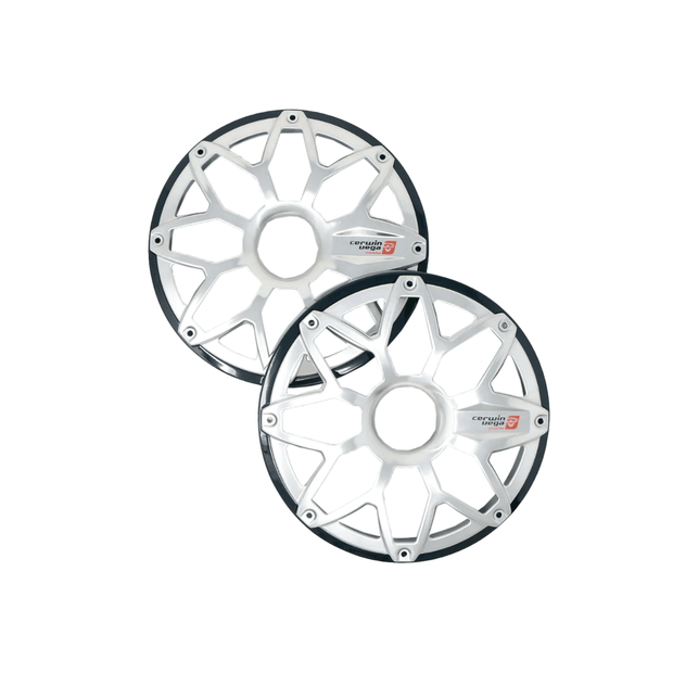 The RPM Stroker 6.5” Flush Mount Speaker Grill, Pair (Black) - SM65FGB features two black, multi-spoke grills with central metallic plates and logos. The angular spokes form a geometric pattern with thin edges, resembling the original design, slightly overlapping against a white backdrop.