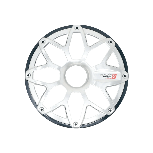 The RPM Stroker 8" Flush Mount Speaker Grill, Pair (Black) - SM8FGB, features an intricate design with eight geometric spokes radiating from a center displaying the "corwin vega" logo. It has a thin black edge rim and offers a modern, angular look against its white background.