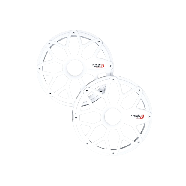 A pair of RPM Stroker 6.5" speaker grills, crafted from steel with a powder coating, display a geometric spoked design and central hub. They feature a subtle red and black logo, resembling wheel covers, slightly overlapping against a white background.