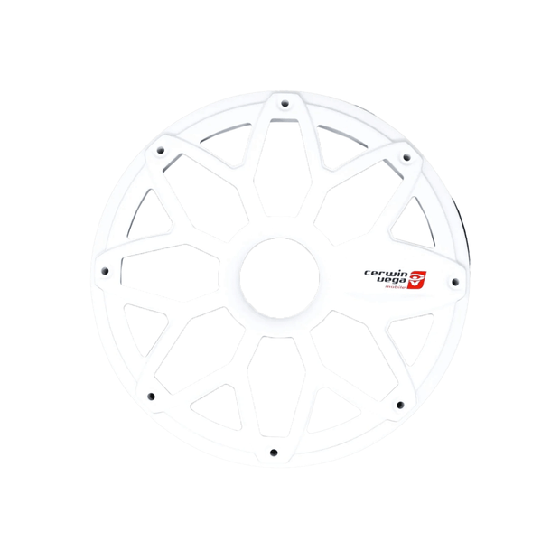 The RPM Stroker 6.5" Flush Mount Speaker Grill features a geometric spoke pattern and a sleek design with small black bolts around the perimeter. It showcases a red and black "corwin URGO R" logo on one side, isolated on a white background, resembling a bike wheel cover.