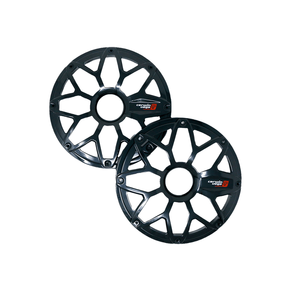 Two overlapping RPM Stroker 8" flush mount speaker grills with intricate geometric web-like designs, black powder-coated steel featuring a central hole and red-accented logo, are displayed against a white background.