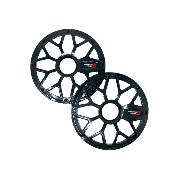 Two overlapping RPM Stroker 8" flush mount speaker grills with intricate geometric web-like designs, black powder-coated steel featuring a central hole and red-accented logo, are displayed against a white background.