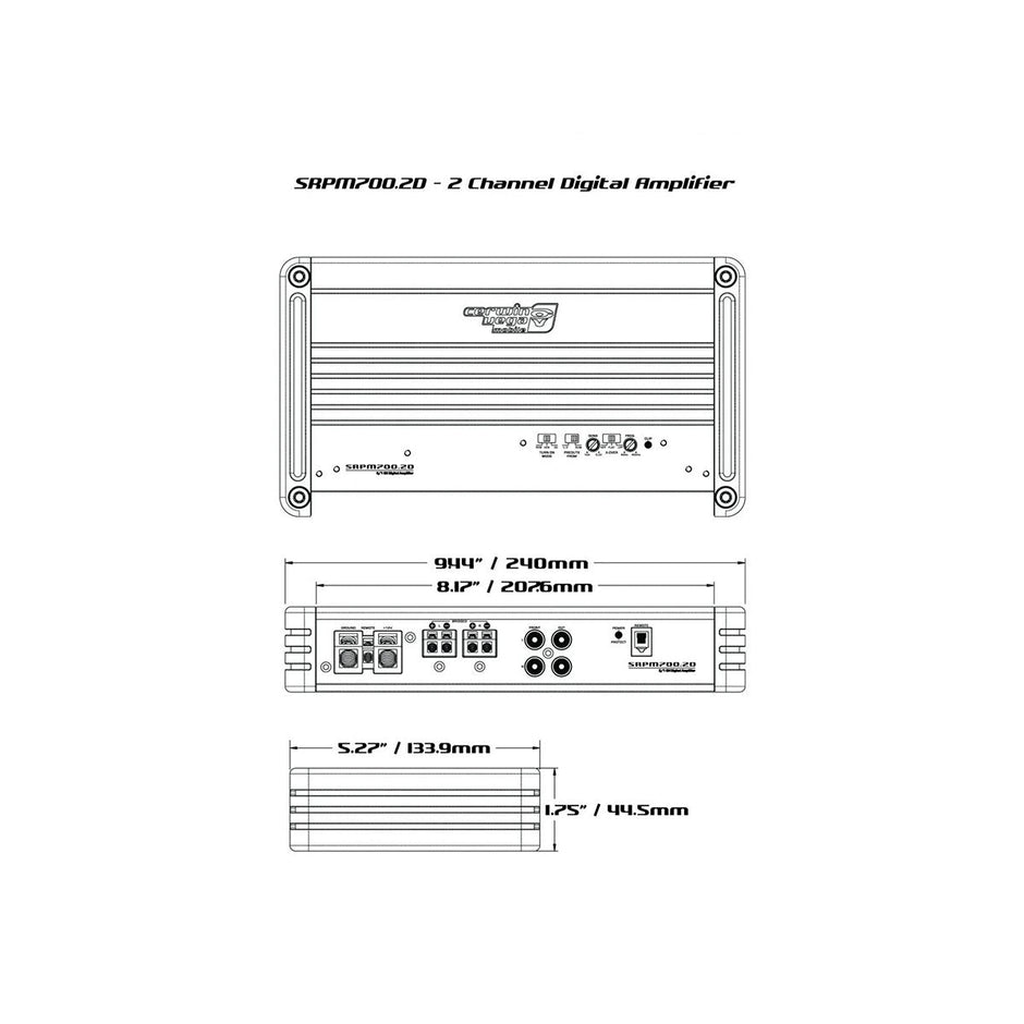 Diagram of the SRPM Stroker 2 Channel Full Range Class-D Digital Amplifier-SRPM700.2DW showcasing high-efficiency digital topology. Top view: vented casing with screw holes. Front: power, ground, remote, and speaker ports. Side dimensions: 9.4