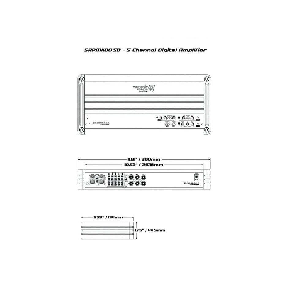 Diagram of an SRPM1100.5D, a 5-Channel Full Range Class-D Amplifier with efficient digital topology. Includes front, rear, side views with dimensions (11.8