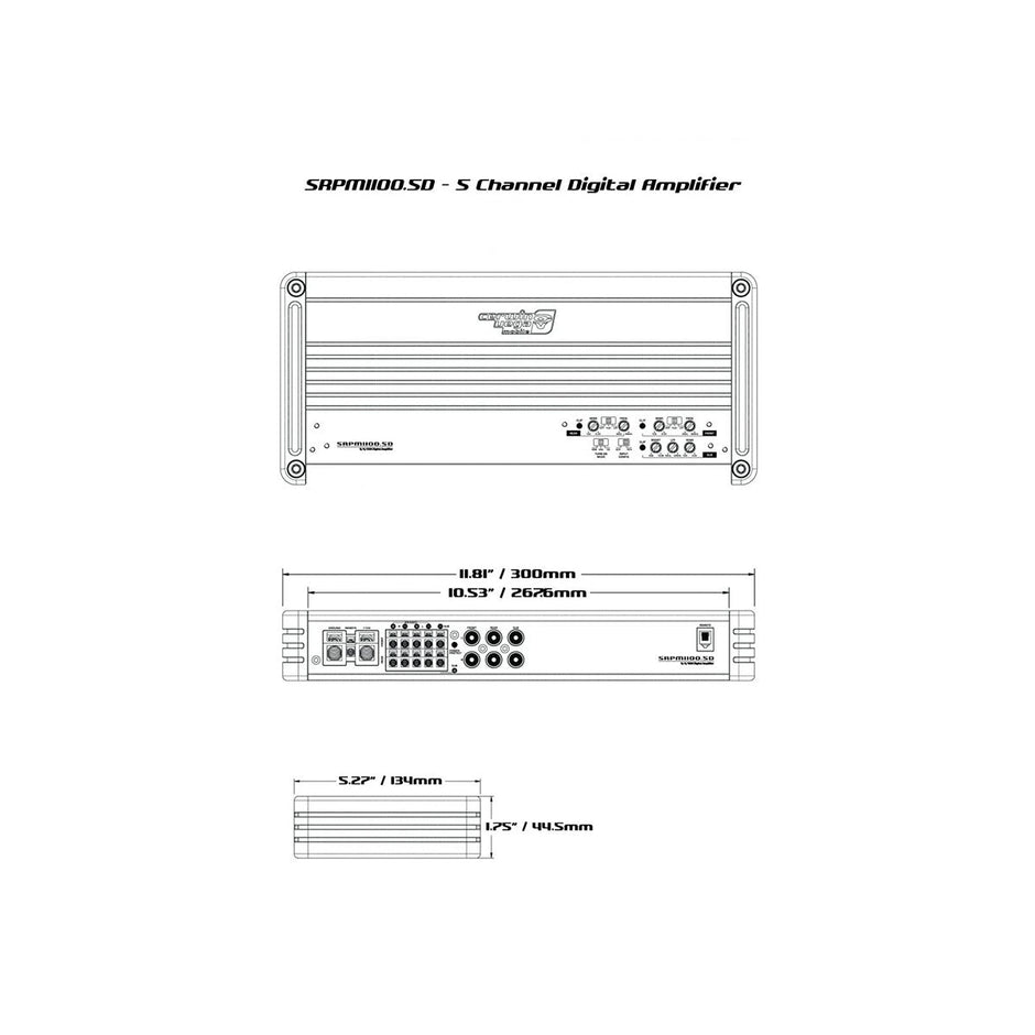 Technical diagram of the SRPM1100.5DW five-channel Class-D amplifier, known for its high-efficiency digital topology, features front, top, and side views with dimensions: 11.8