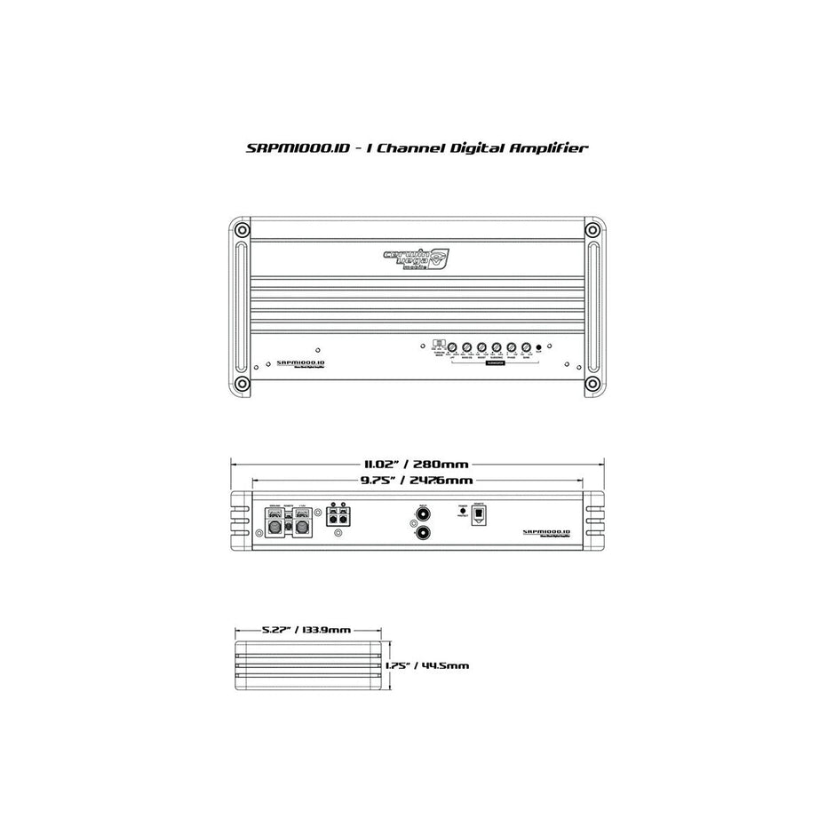 The SRPM Stroker 1-Channel Monoblock Class-D Amplifier (SRPM1000.1D) diagram shows three views: top, side, and end. The top view reveals the control interface labeled 